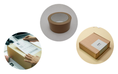 Materiais de embalagem como fitas adesivas e caixas utilizadas para envios e logística
