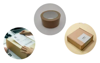 Materiais de embalagem como fitas adesivas e caixas utilizadas para envios e logística