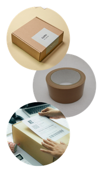 Materiais de embalagem como fitas adesivas e caixas utilizadas para envios e logística